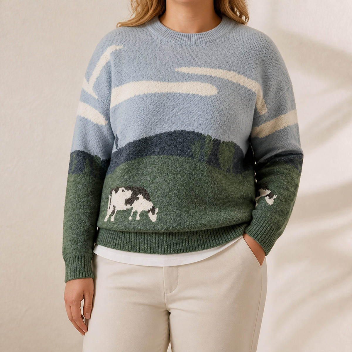 Cotton Cow Sweater Multicolor with Landscape - Plus size model