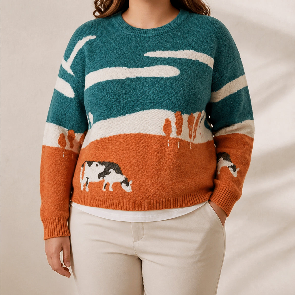 Cotton Sweater Teal & Orange with Landscape & Cow Design - Plus size model