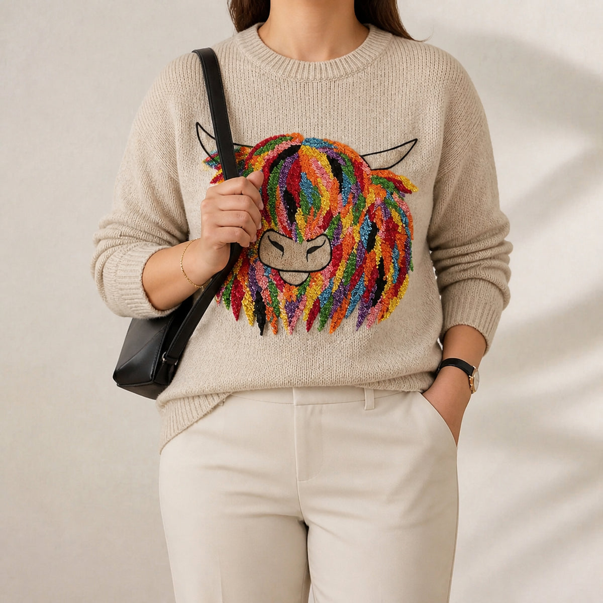Cotton Sweater Cream with Rainbow Cow Design - Plus size model