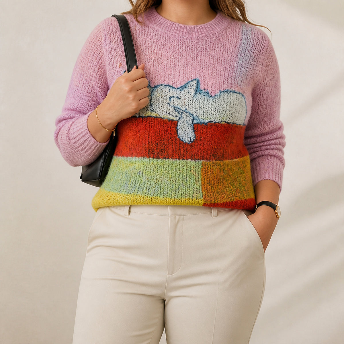 Cotton Sweater Pink with Cat Design - Plus size model