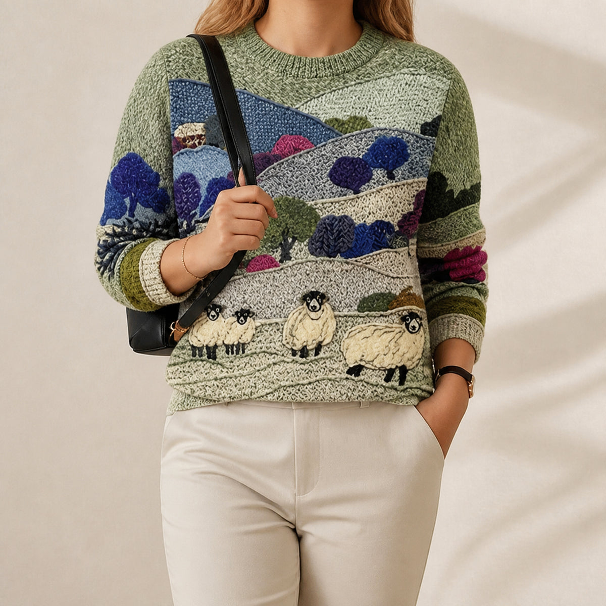 Cotton Sweater Blue & Green with Landscape & Sheep Pattern - Plus size model