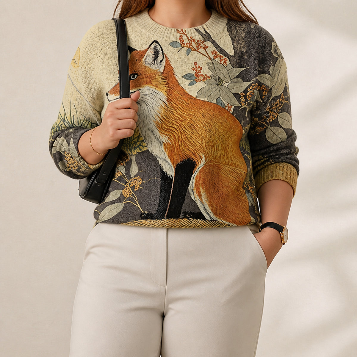 Cotton Sweater Cream with Fox Design - Plus size model