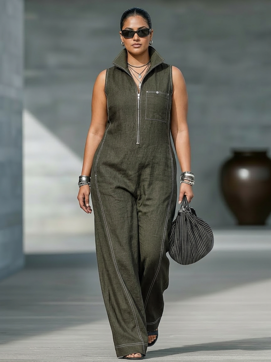 Women's Minimalist Sleeveless Jumpsuit with White Trim - Plus size model