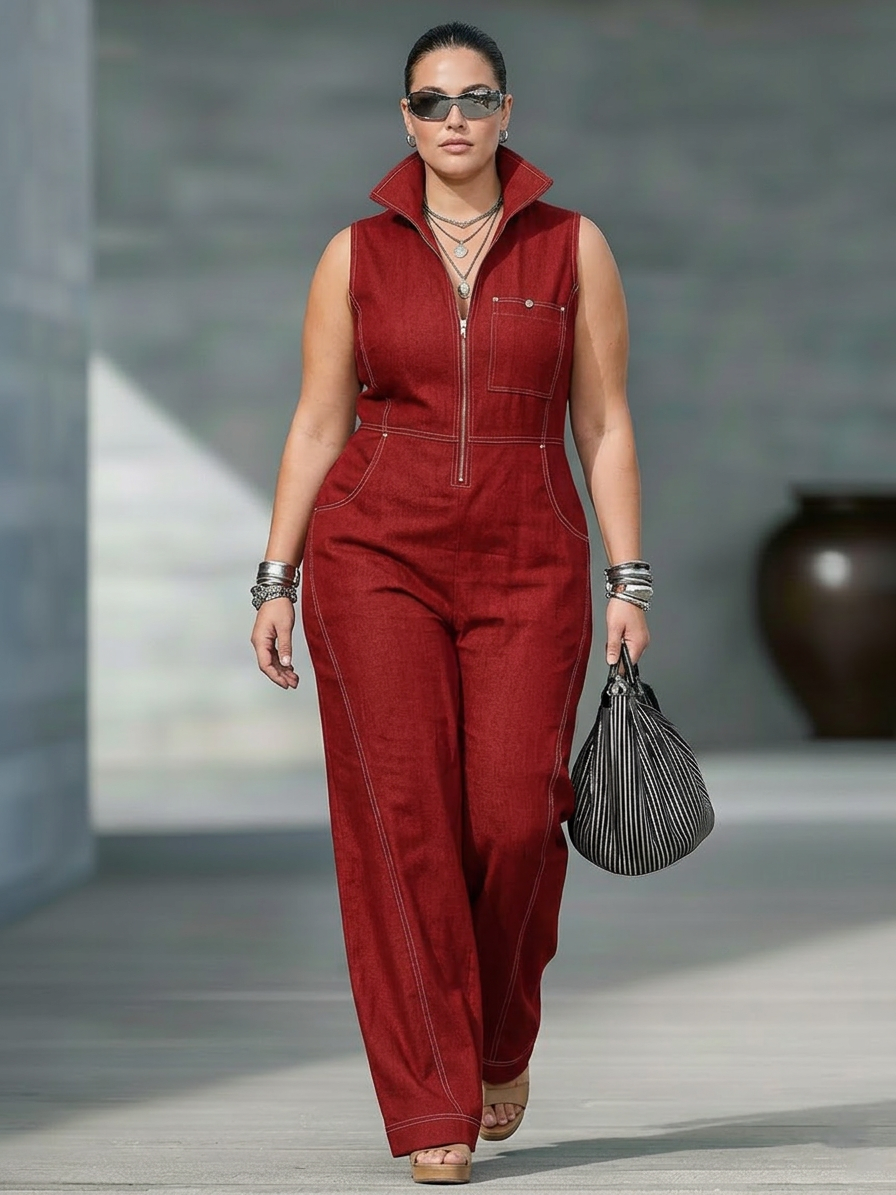Women's Minimalist Sleeveless Jumpsuit with White Trim - Plus size model