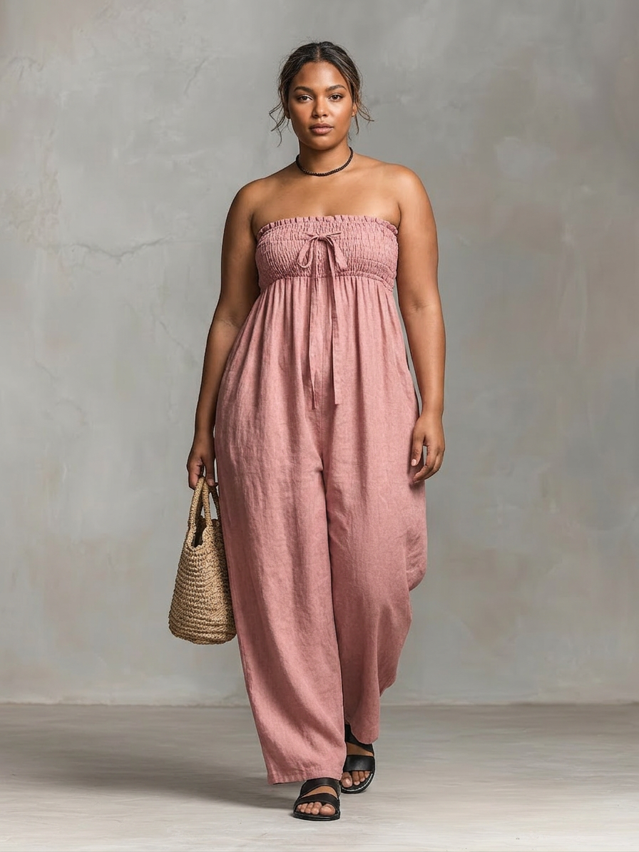 Elizabeth - Loose-Fit Linen-Blend Strapless Jumpsuit - Plus size model