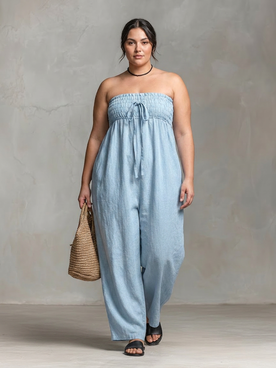 Elizabeth - Loose-Fit Linen-Blend Strapless Jumpsuit - Plus size model