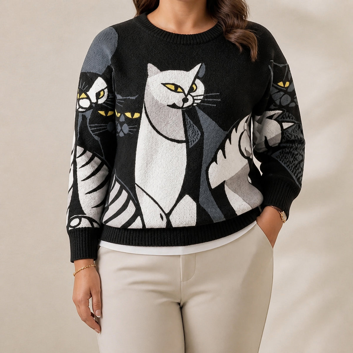 Cotton Sweater Black with Cat Design - Plus size model