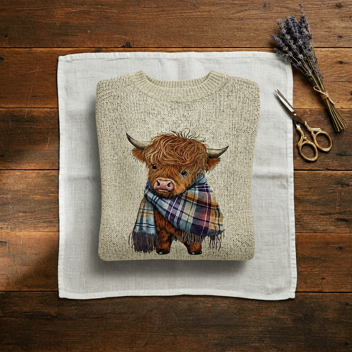 Cotton Sweater Cream with Highland Cow Pattern - Plus size model