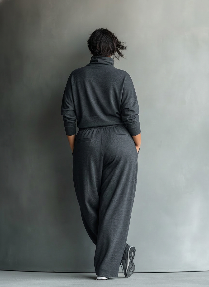 Women's Charcoal Knit Set with High Neck and Wide Leg Pants - Plus size model