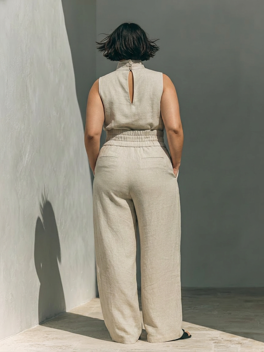 Set consisting of a sleeveless blouse and wide-leg pants made of a cotton-linen blend. - Plus size model