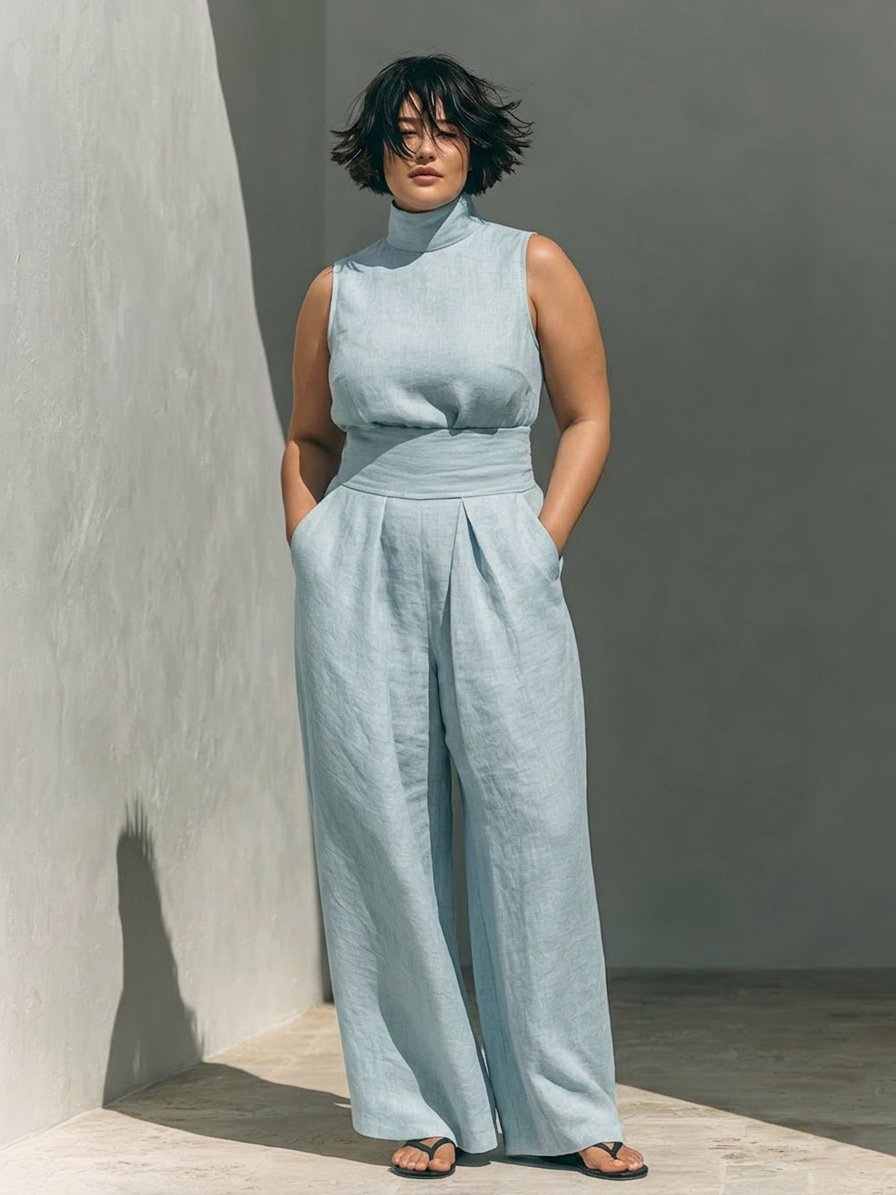 Set consisting of a sleeveless blouse and wide-leg pants made of a cotton-linen blend. - Plus size model