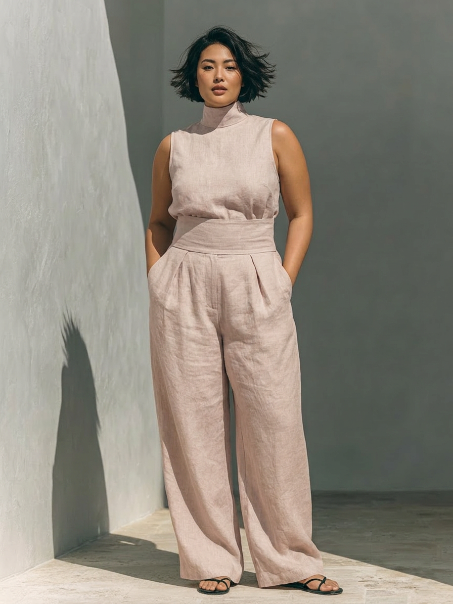 Set consisting of a sleeveless blouse and wide-leg pants made of a cotton-linen blend. - Plus size model