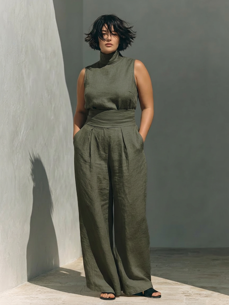 Set consisting of a sleeveless blouse and wide-leg pants made of a cotton-linen blend. - Plus size model