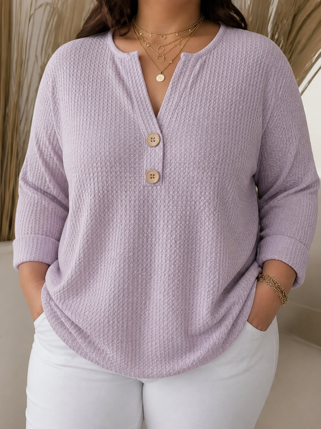 Lucinda | Henley Button Top - Plus size model