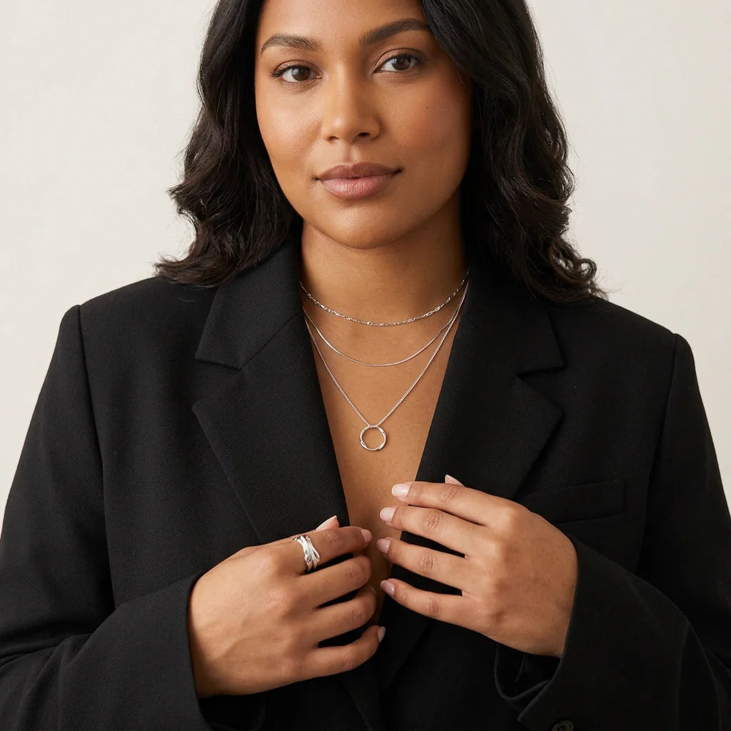 Open Circle Three Row Necklace | White Gold - Plus size model