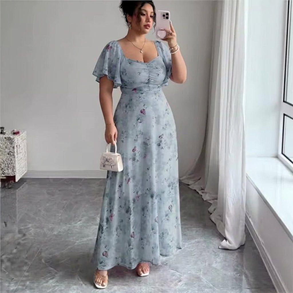 Catalina – Elegant Slim Dress with Ruffle Sleeves - Plus size model