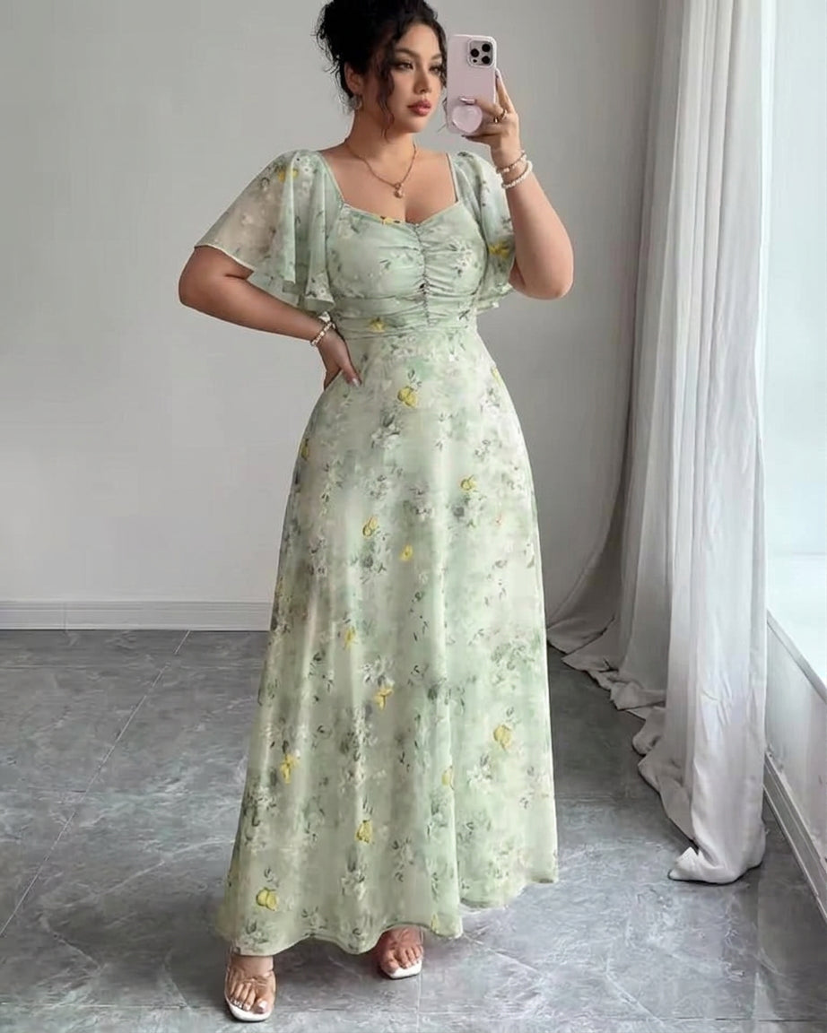 Catalina – Elegant Slim Dress with Ruffle Sleeves - Plus size model