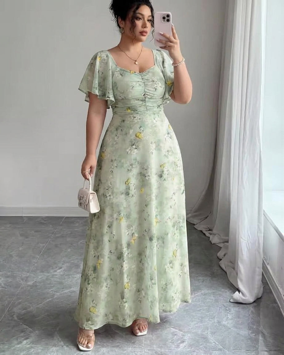 Catalina – Elegant Slim Dress with Ruffle Sleeves - Plus size model