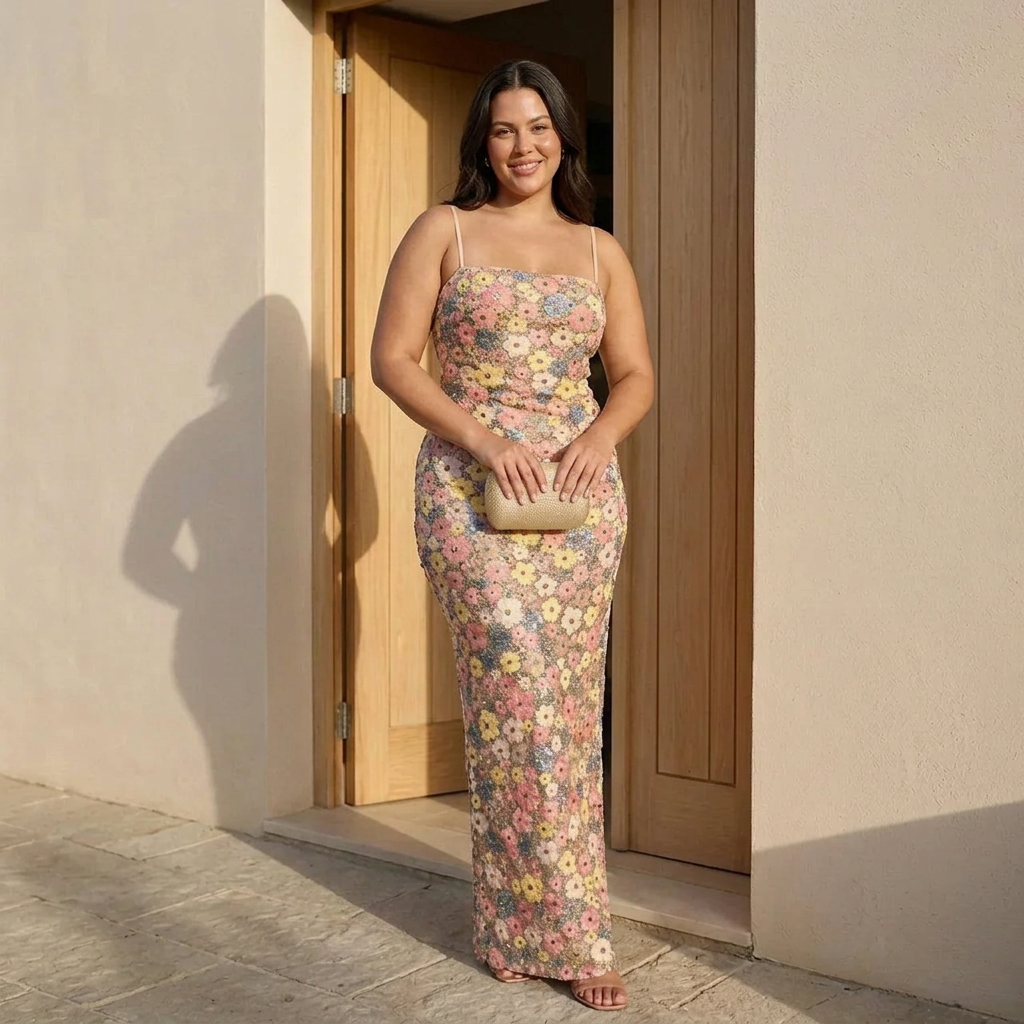 Iris - Elegant Strapless Sequin Maxi Dress - Plus size model