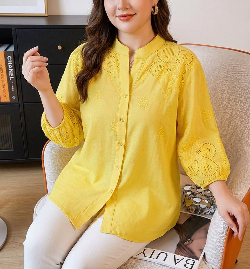 Avery - Pure Cotton Schiffly Embroidered Shirt - Plus size model