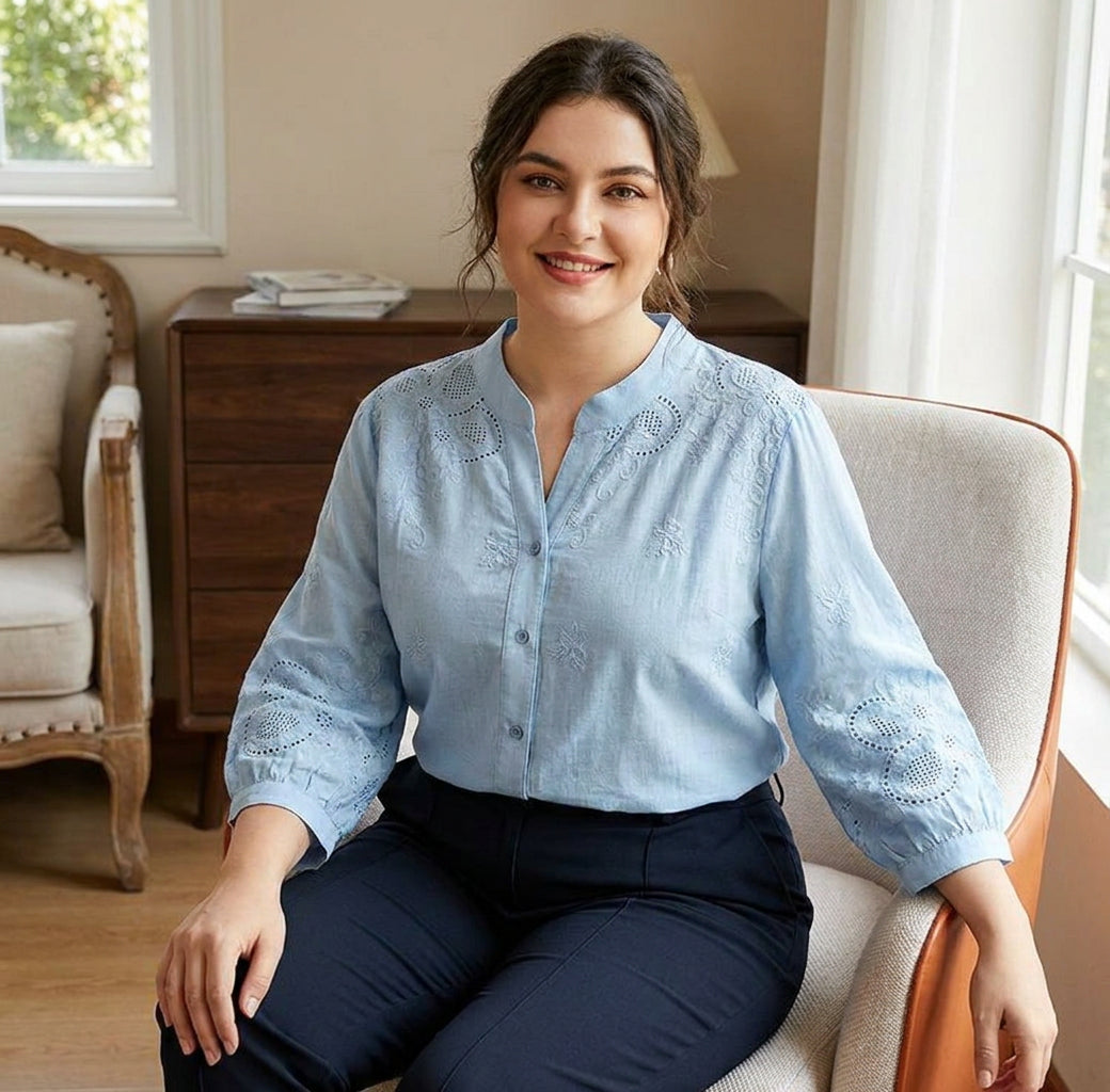 Avery - Pure Cotton Schiffly Embroidered Shirt - Plus size model