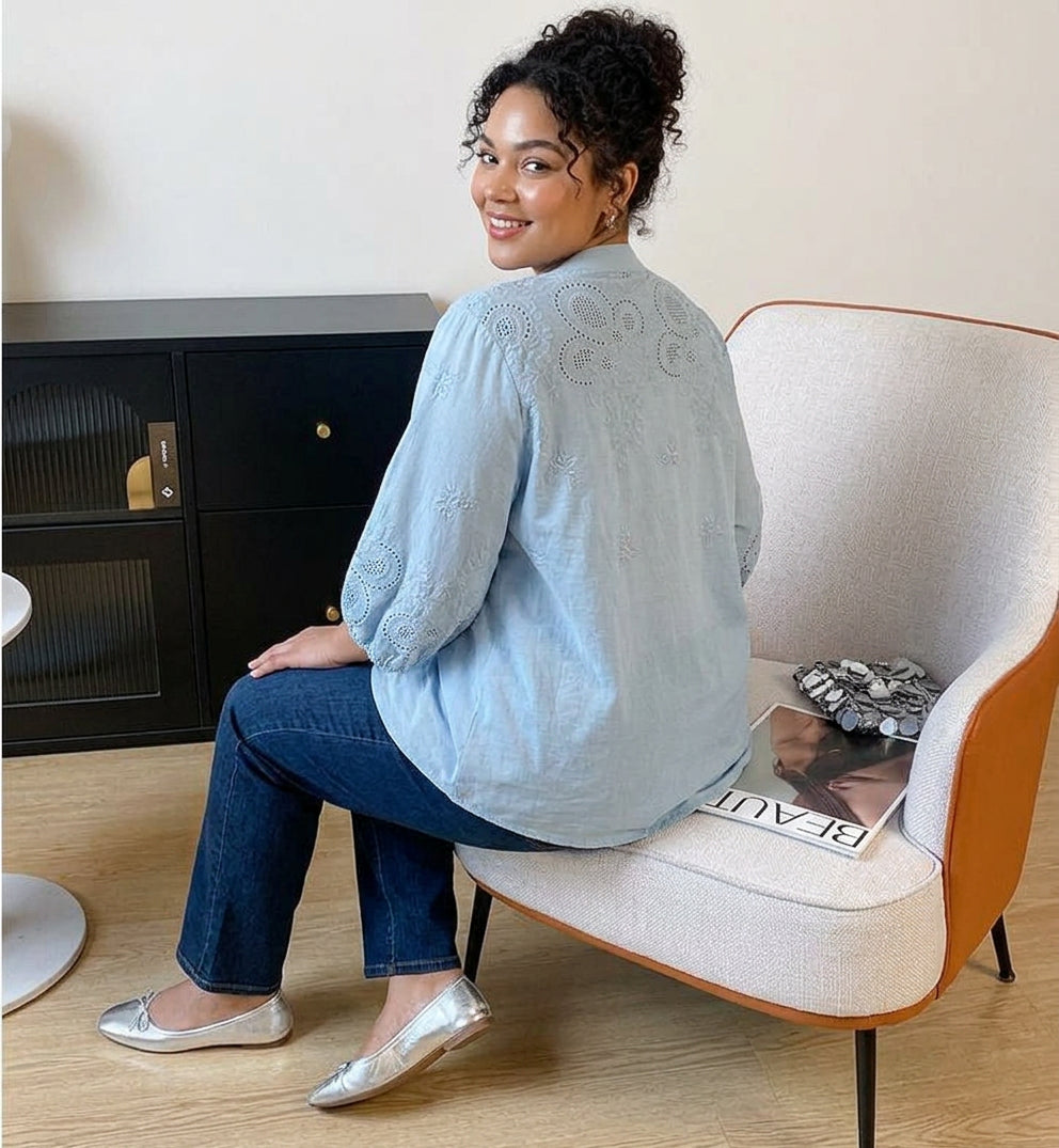 Avery - Pure Cotton Schiffly Embroidered Shirt - Plus size model