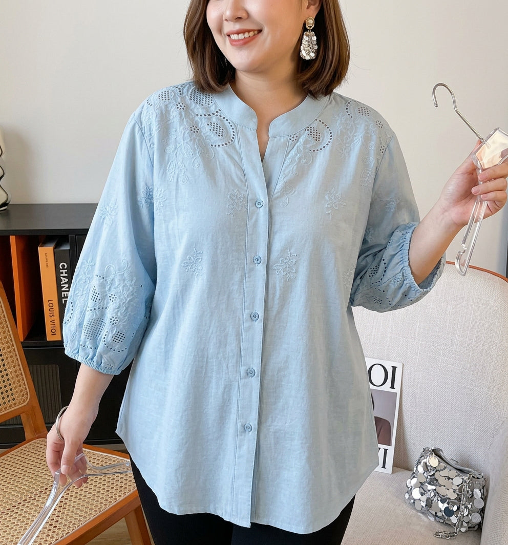 Avery - Pure Cotton Schiffly Embroidered Shirt - Plus size model