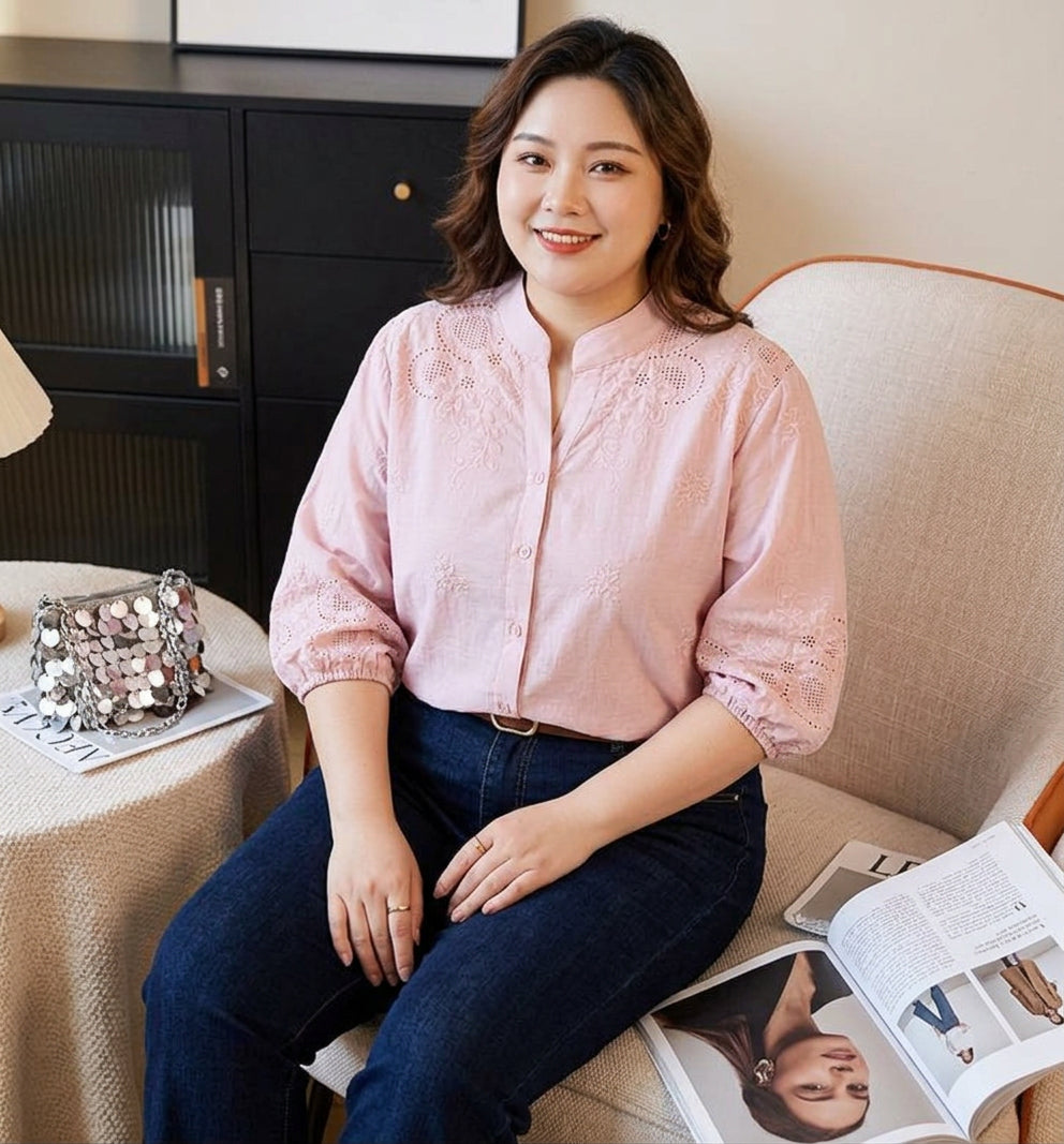 Avery - Pure Cotton Schiffly Embroidered Shirt - Plus size model