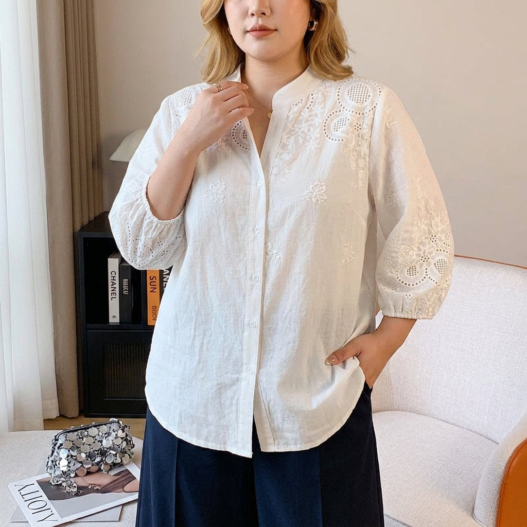 Avery - Pure Cotton Schiffly Embroidered Shirt - Plus size model