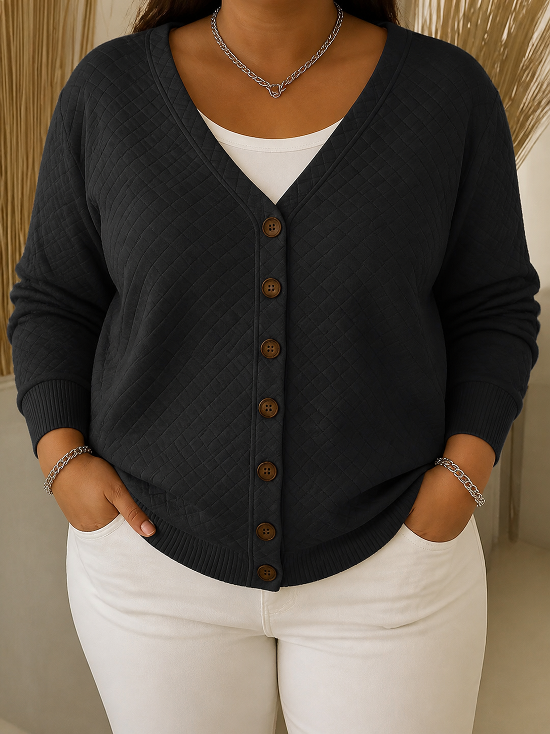 Laverne | Quilted Button-Front Cardigan - Plus size model