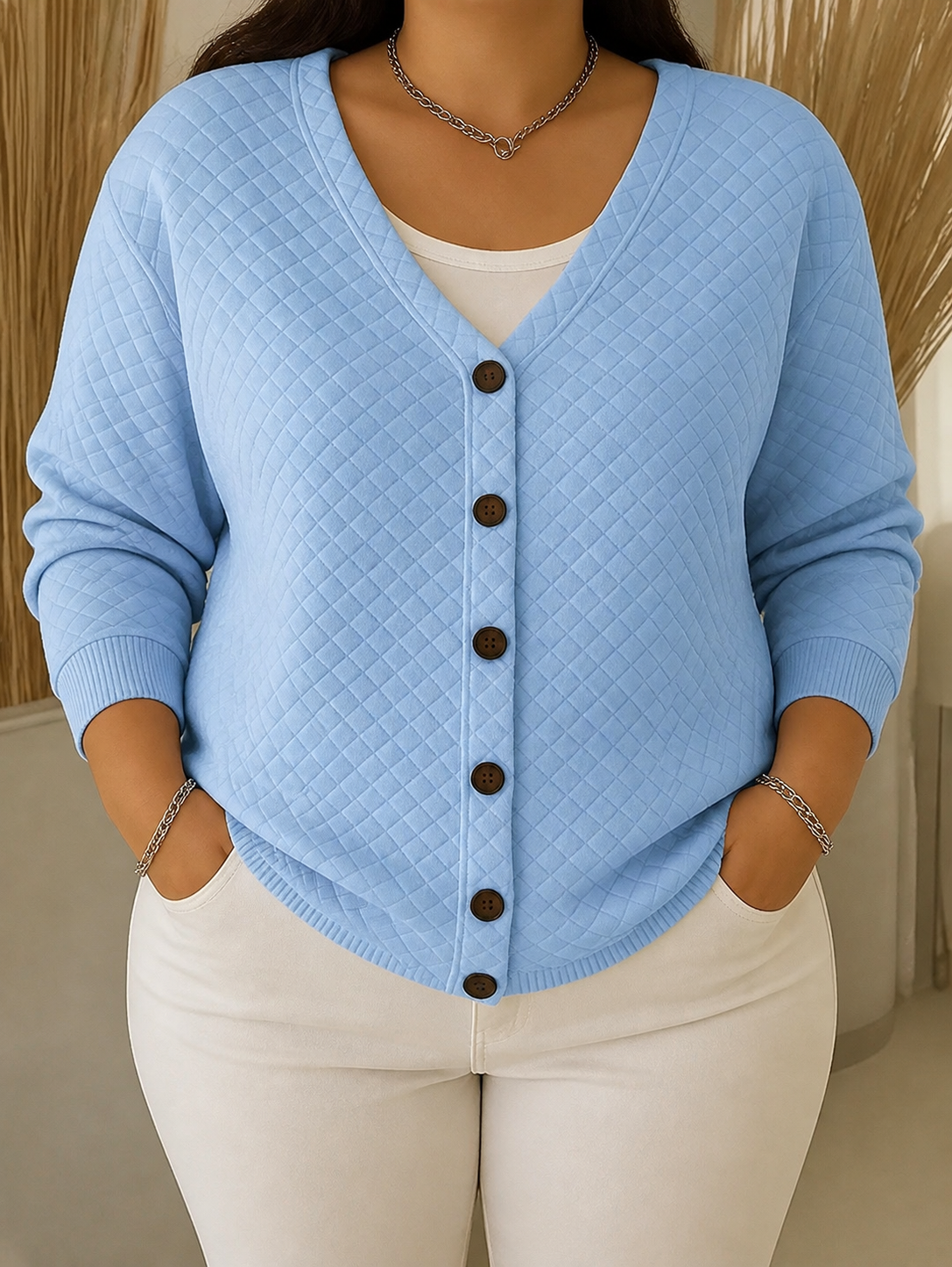 Laverne | Quilted Button-Front Cardigan - Plus size model