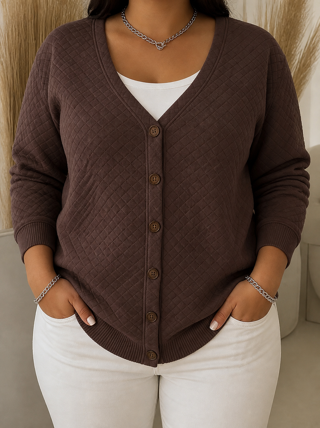 Laverne | Quilted Button-Front Cardigan - Plus size model