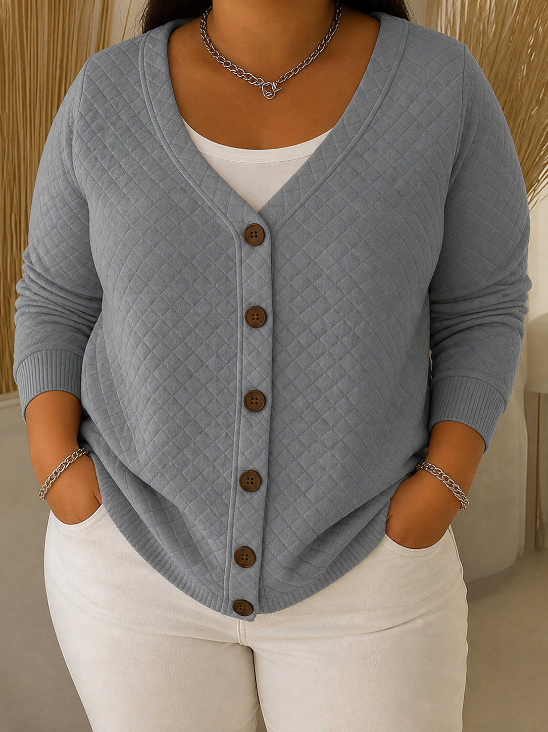 Laverne | Quilted Button-Front Cardigan - Plus size model