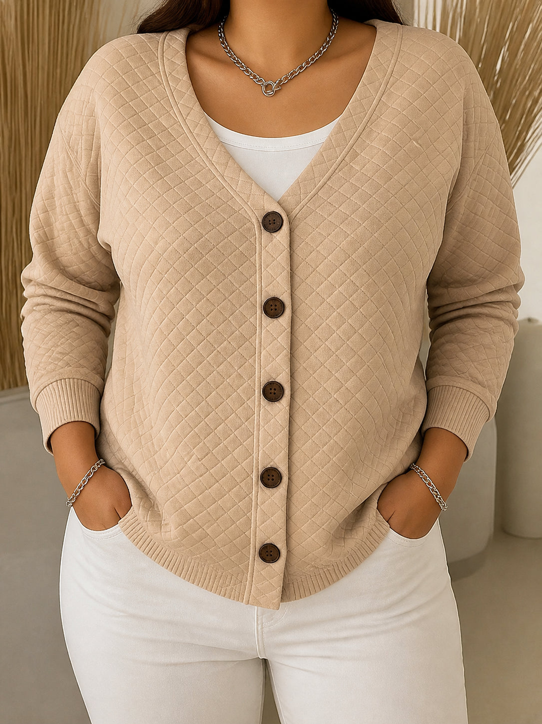 Laverne | Quilted Button-Front Cardigan - Plus size model