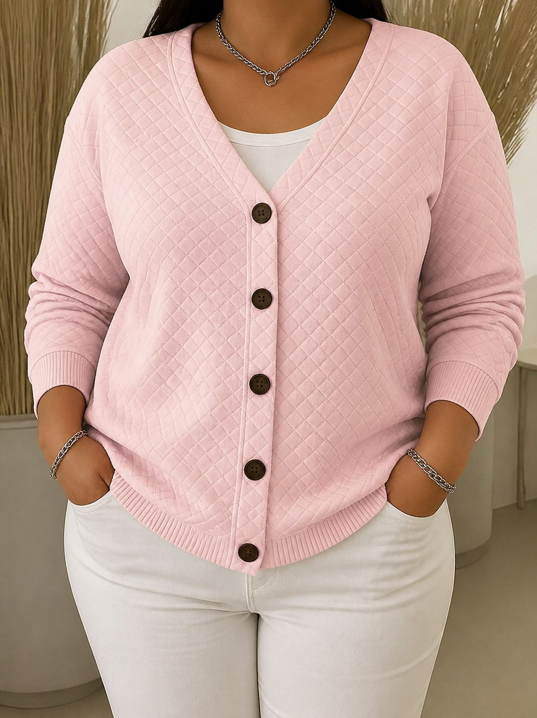 Laverne | Quilted Button-Front Cardigan - Plus size model