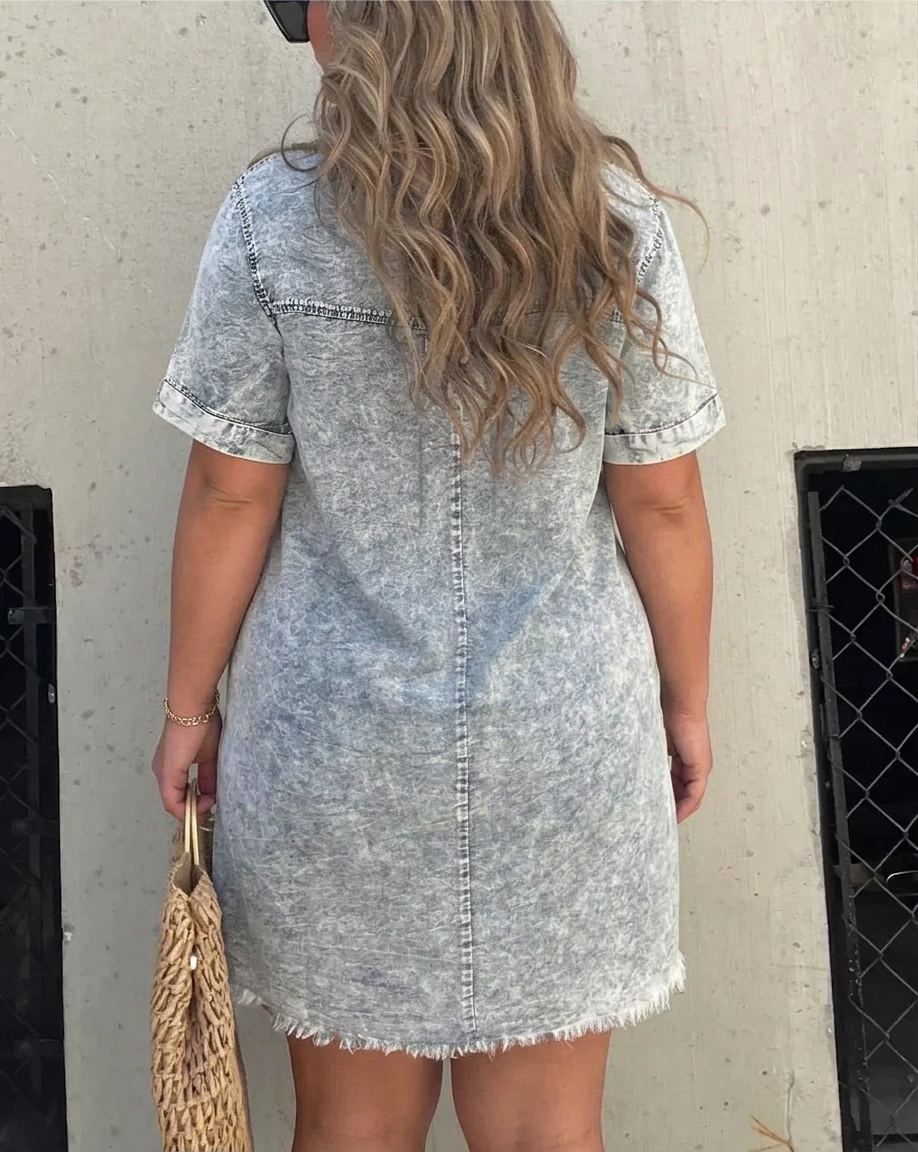 Jolene | Women's Linen Collared Button-Front Short Sleeve Mini Dress - Plus size model