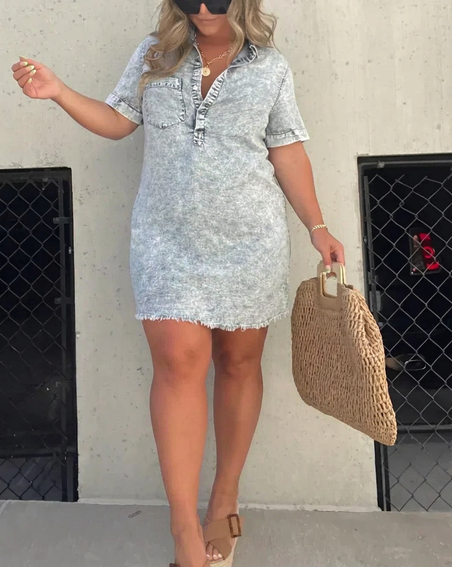 Jolene | Women's Linen Collared Button-Front Short Sleeve Mini Dress - Plus size model