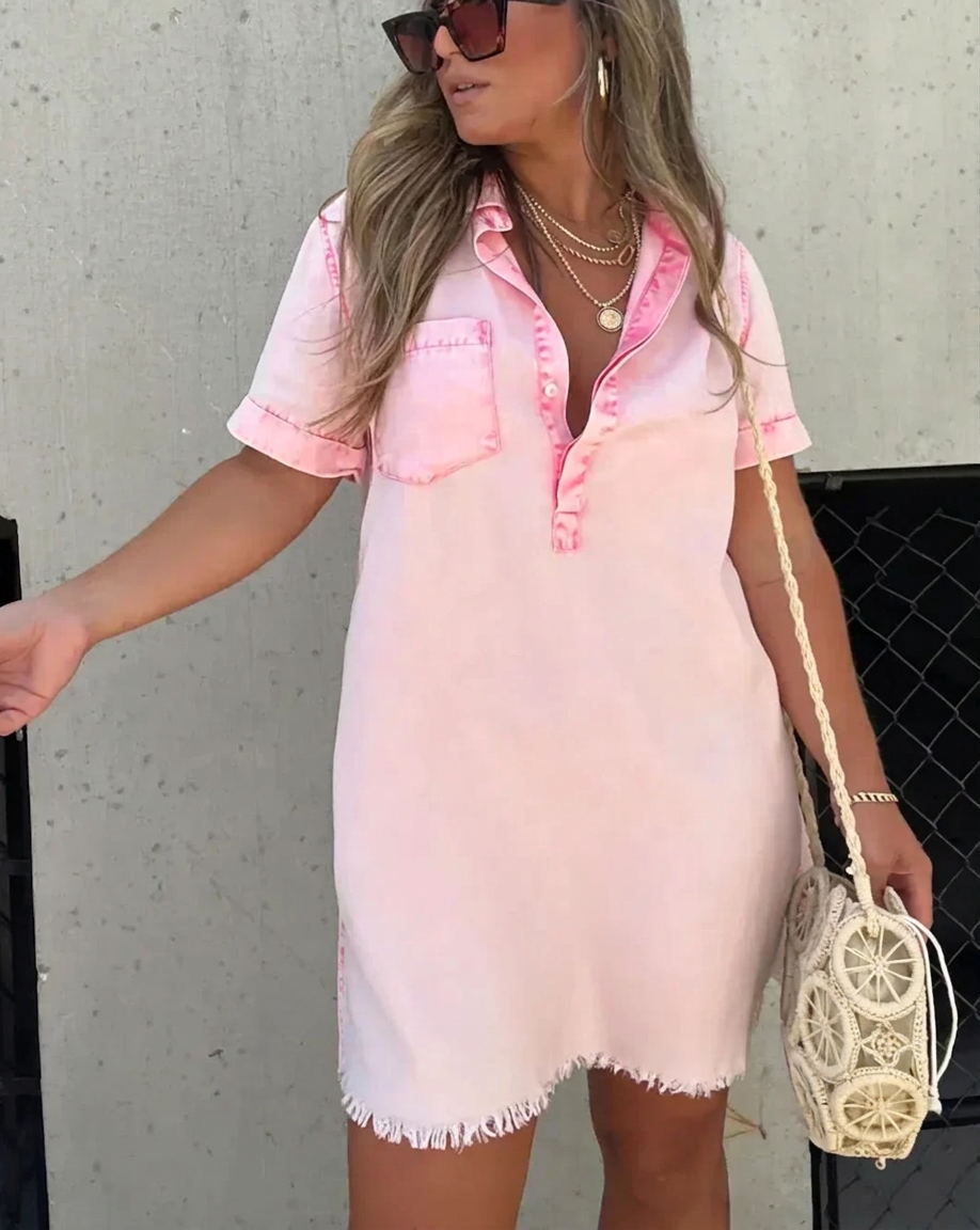 Jolene | Women's Linen Collared Button-Front Short Sleeve Mini Dress - Plus size model
