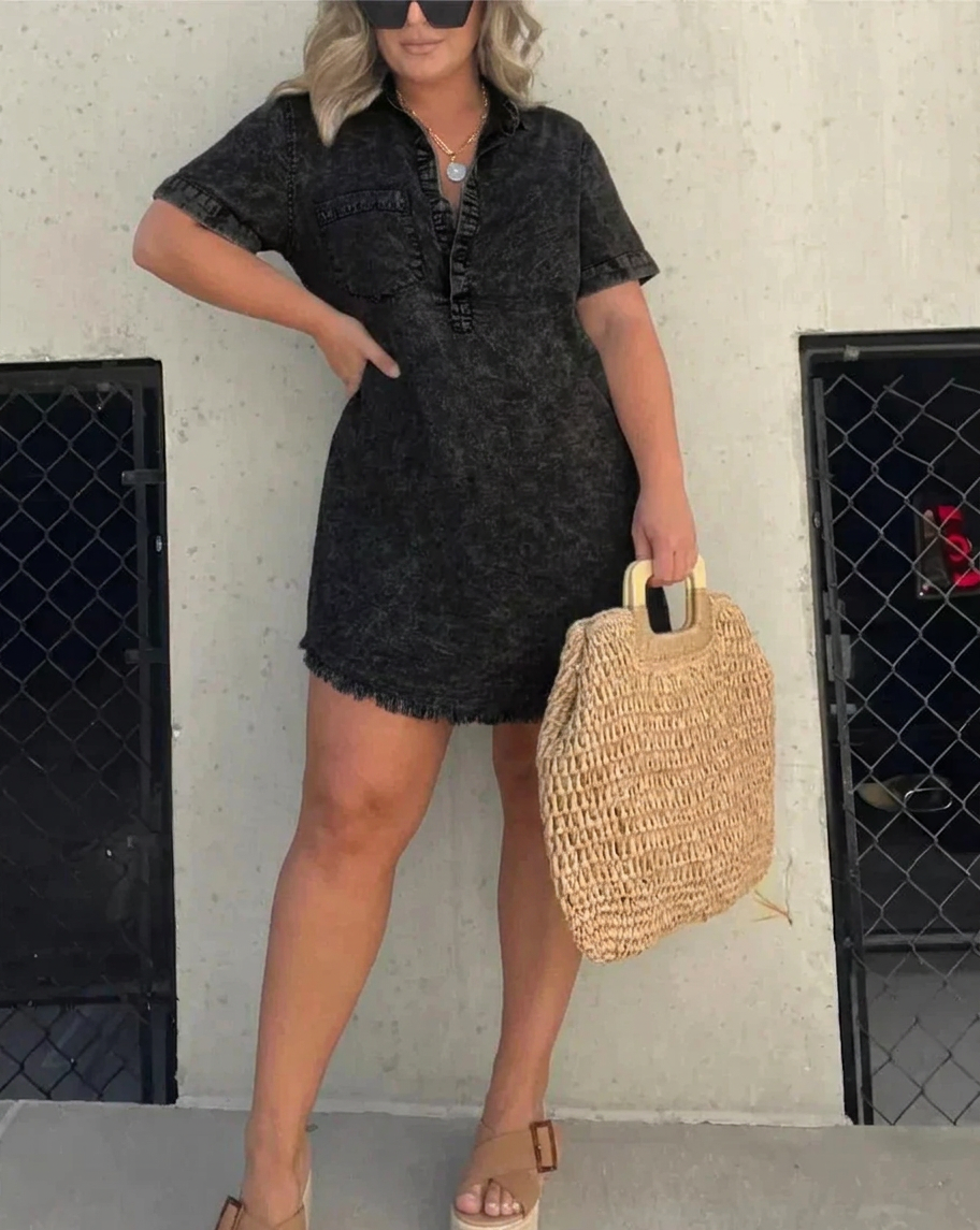 Jolene | Women's Linen Collared Button-Front Short Sleeve Mini Dress - Plus size model