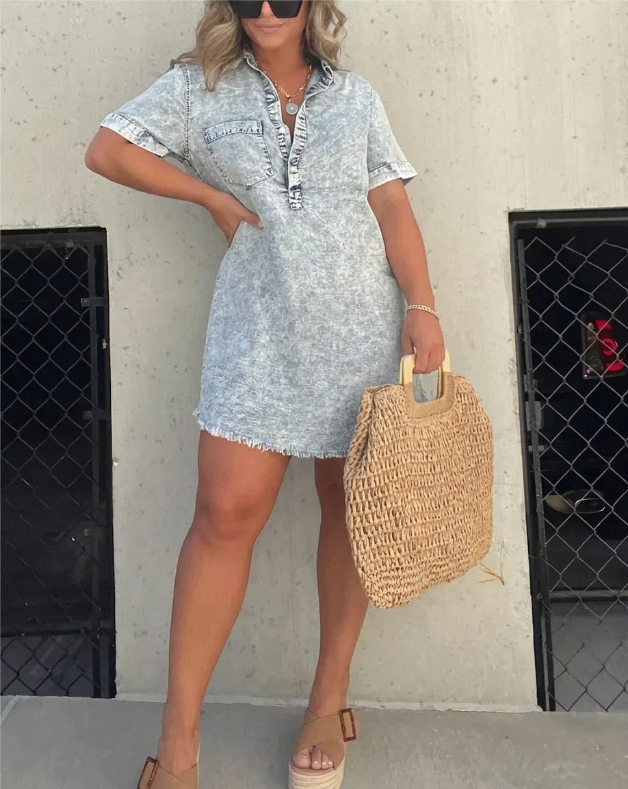 Jolene | Women's Linen Collared Button-Front Short Sleeve Mini Dress - Plus size model