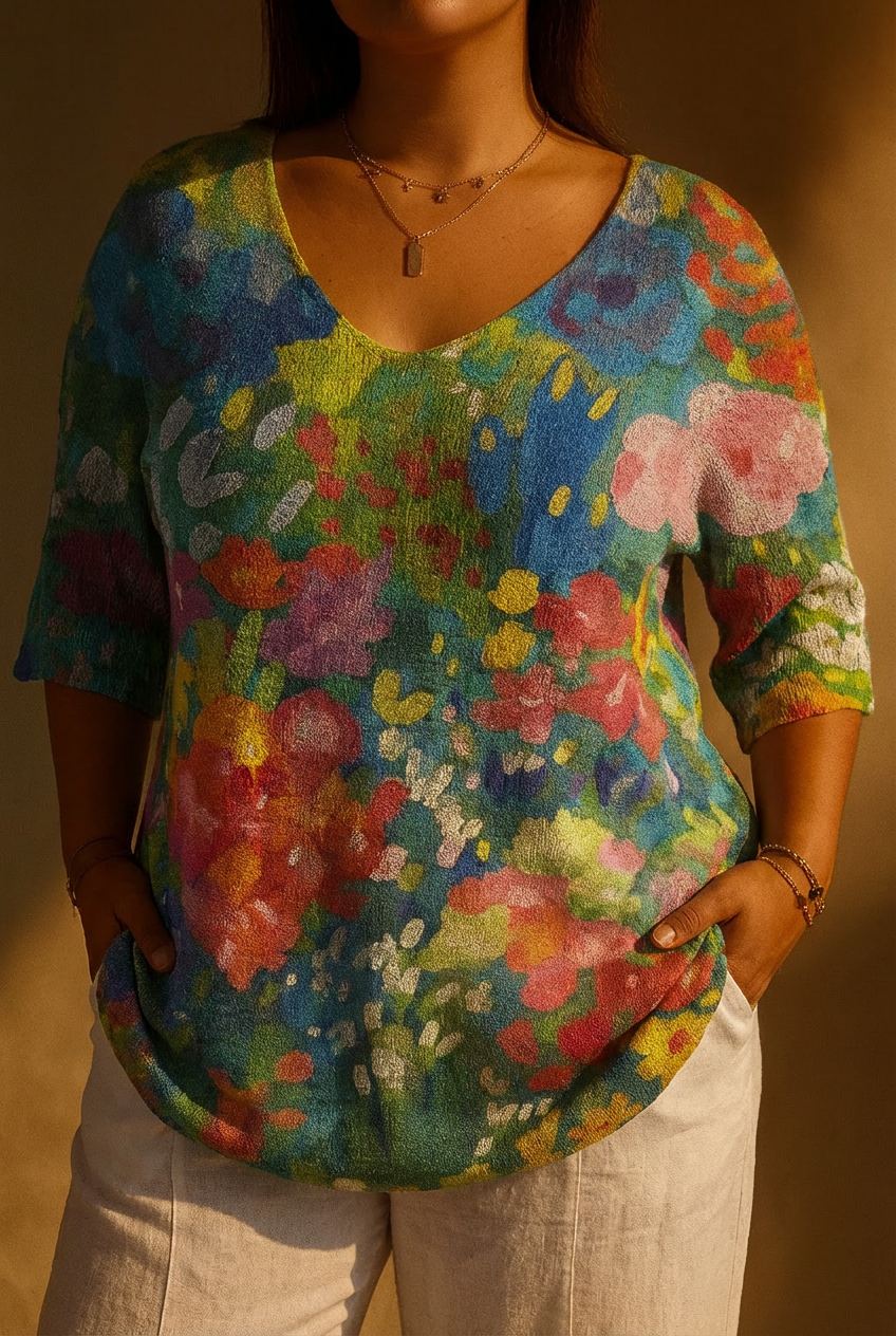 Women's Vintage Lovely Floral Art Print Casual Pullover Knit - Plus size model