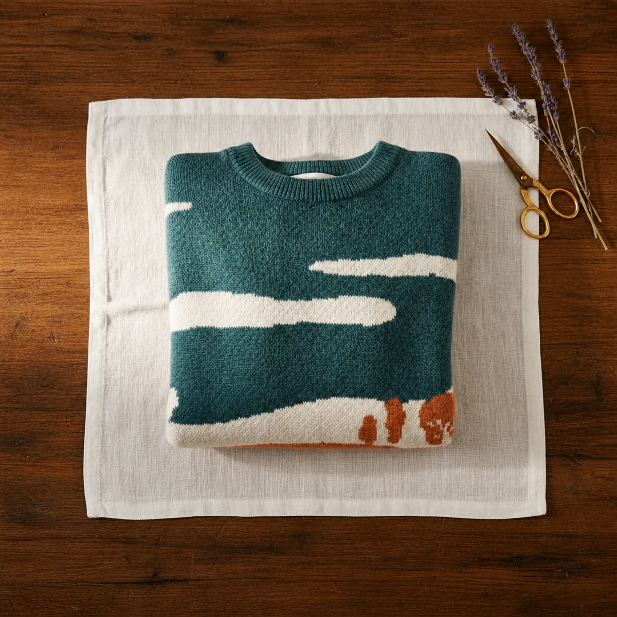 Cotton Sweater Teal & Orange with Landscape & Cow Design - Plus size model
