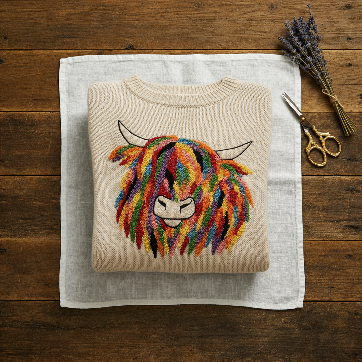 Cotton Sweater Cream with Rainbow Cow Design - Plus size model