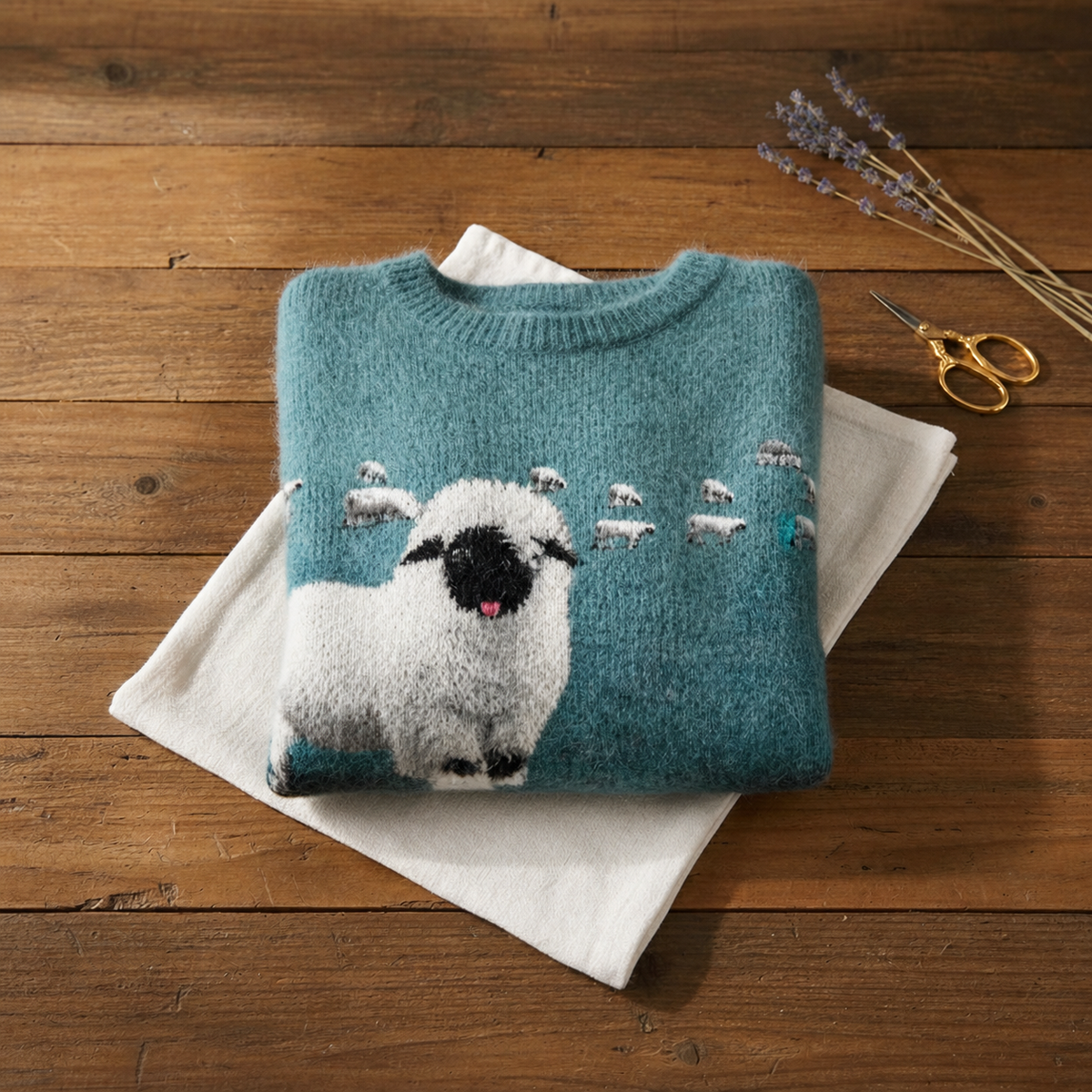 Cotton Sweater Teal with Sheep Pattern - Plus size model