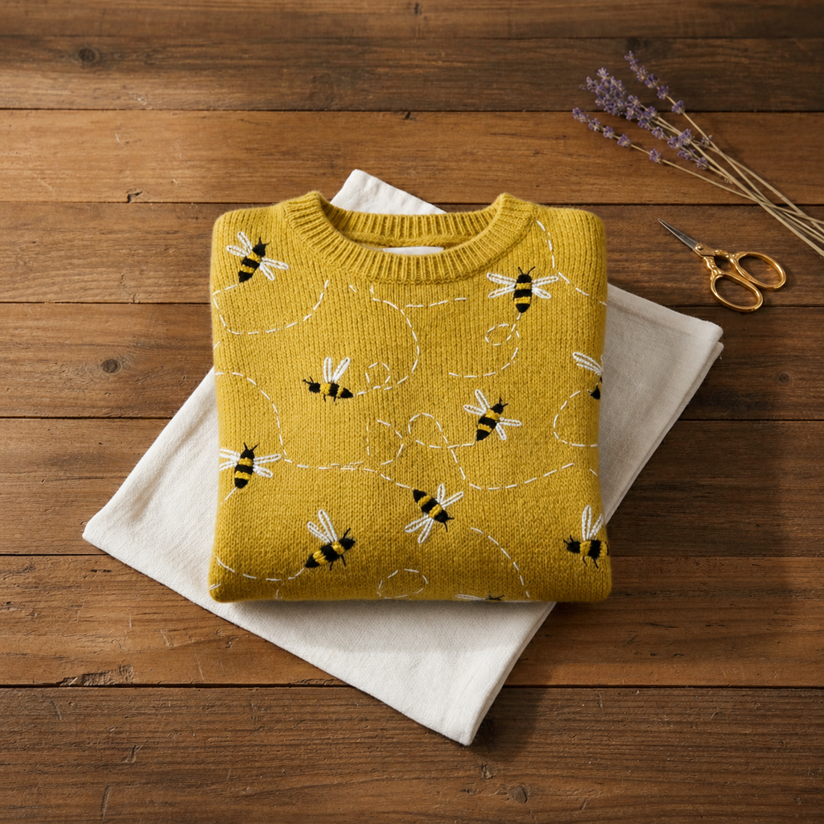 Cotton Sweater Mustard Yellow with Bee Pattern - Plus size model