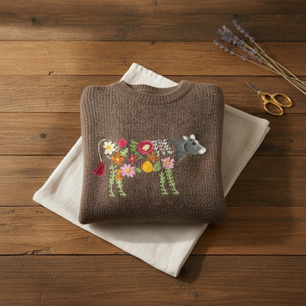 Cotton Sweater Brown with Cow & Floral Garden Pattern