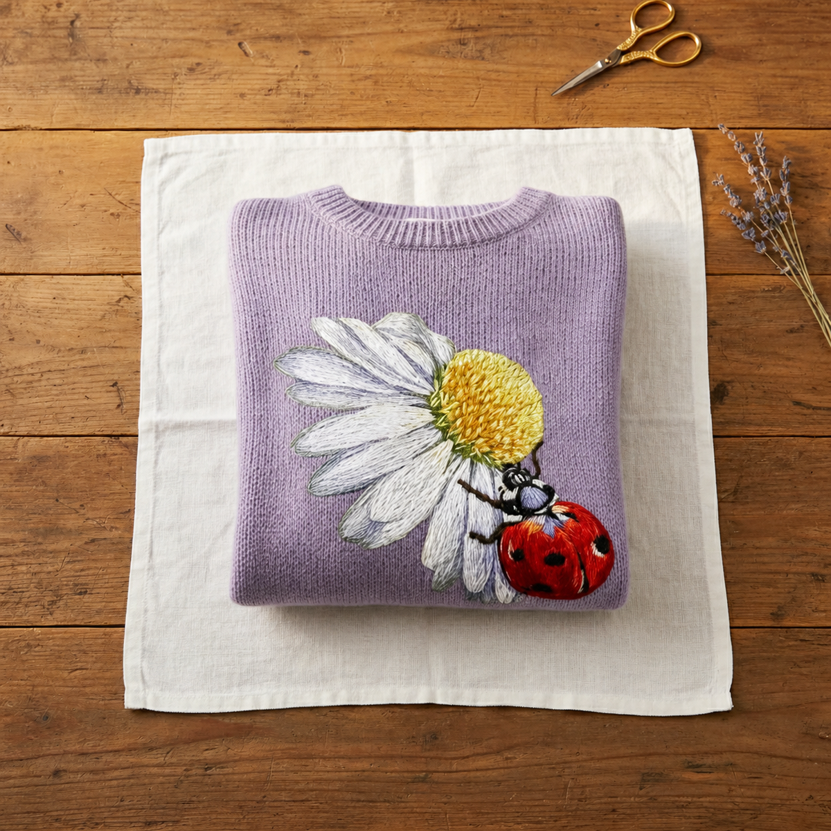 Cotton Sweater Purple with Daisy & Ladybug - Plus size model