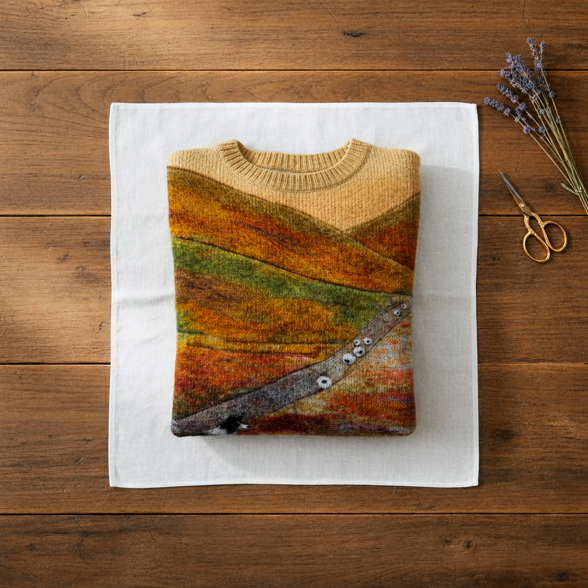 Cotton Sweater Multicolor Landscape with Dog and Sheep - Plus size model