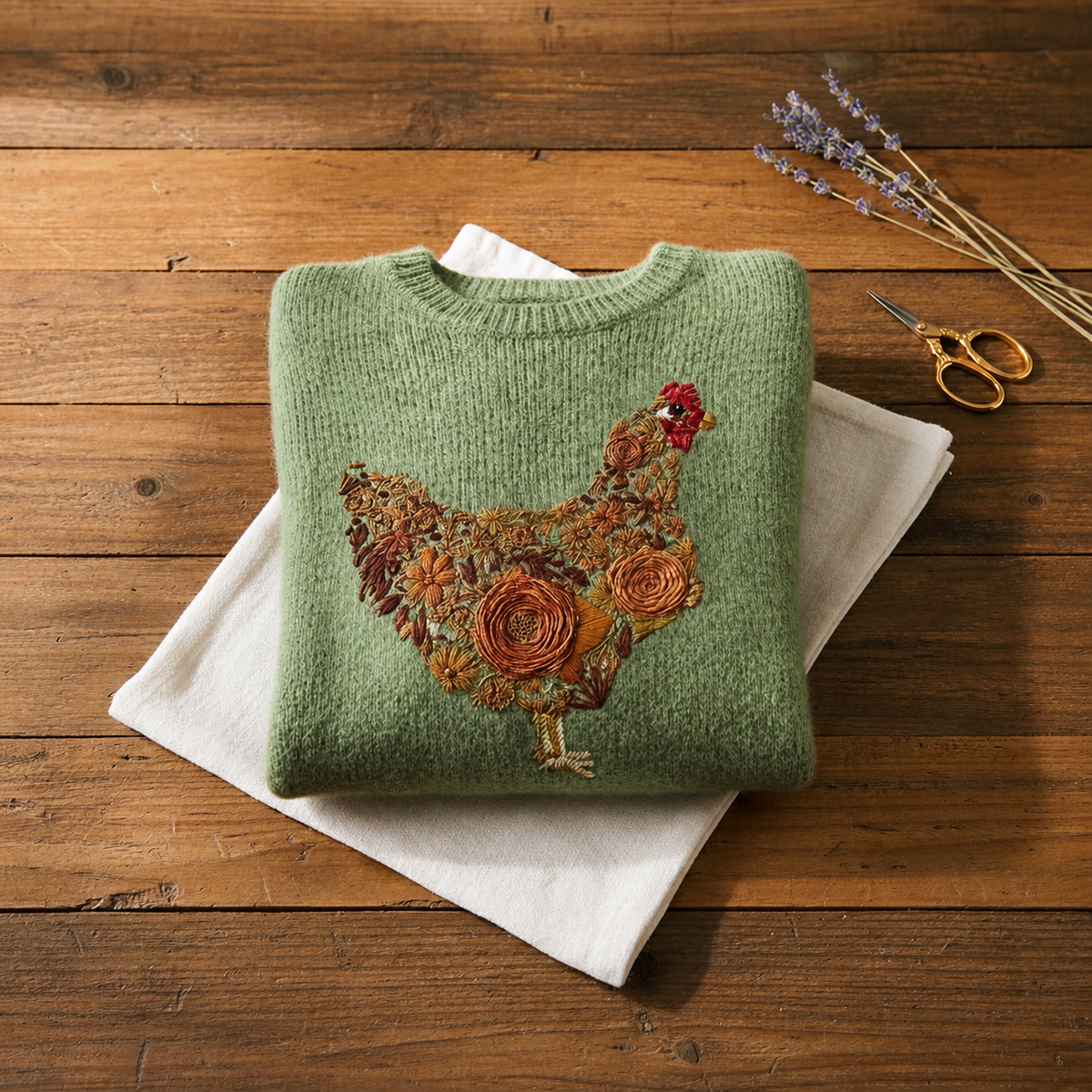 Cotton Sweater Green with Floral Patterned Hen - Plus size model