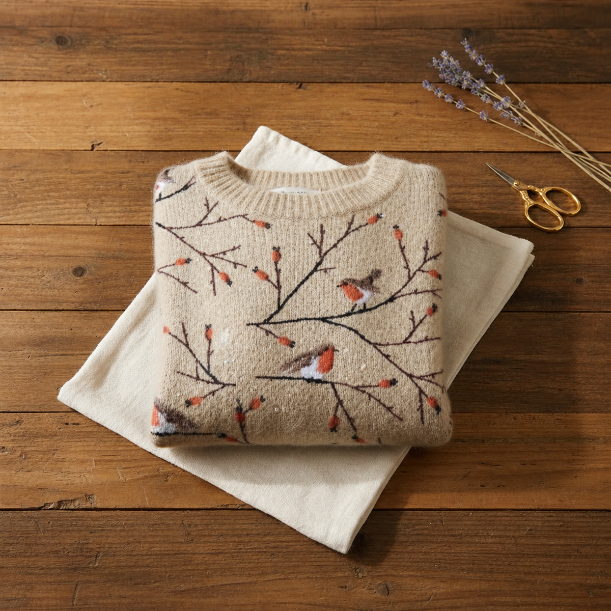 Cotton Sweater Cream with Robin & Branches Pattern - Plus size model